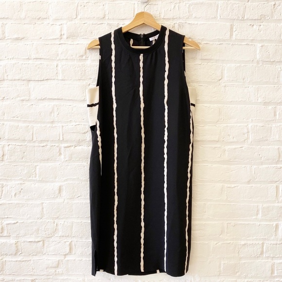 Derek Lam 10 CrosbySilk Striped Sheath Dress Keyhole Black Cream 8
